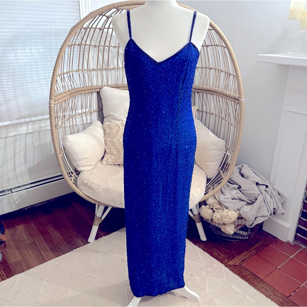 Vintage Lawrence Kazar Blue Sequin Beaded Gown PM Petite Medium Evening Dress